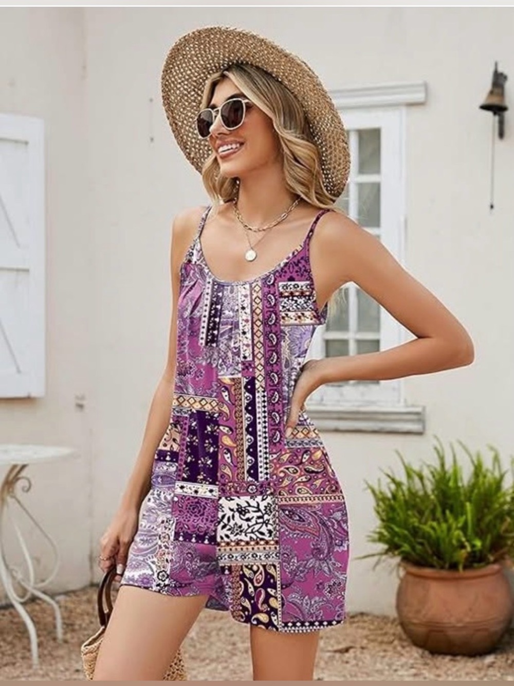 LOMON NWT Purple Pink Patchwork Boho Romper Paisley Floral Small Pockets